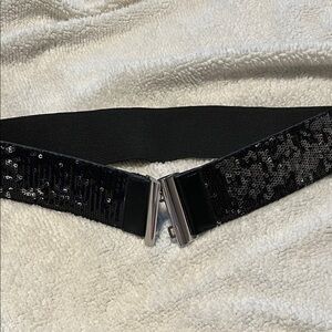 BCBGMaxazaria XS Black Sequin Stretch Belt Silver Buckle Glam Accessory